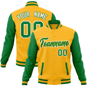 Custom Yellow Green-Yellow Raglan Sleeves Varsity Full-Snap Letterman Jacket