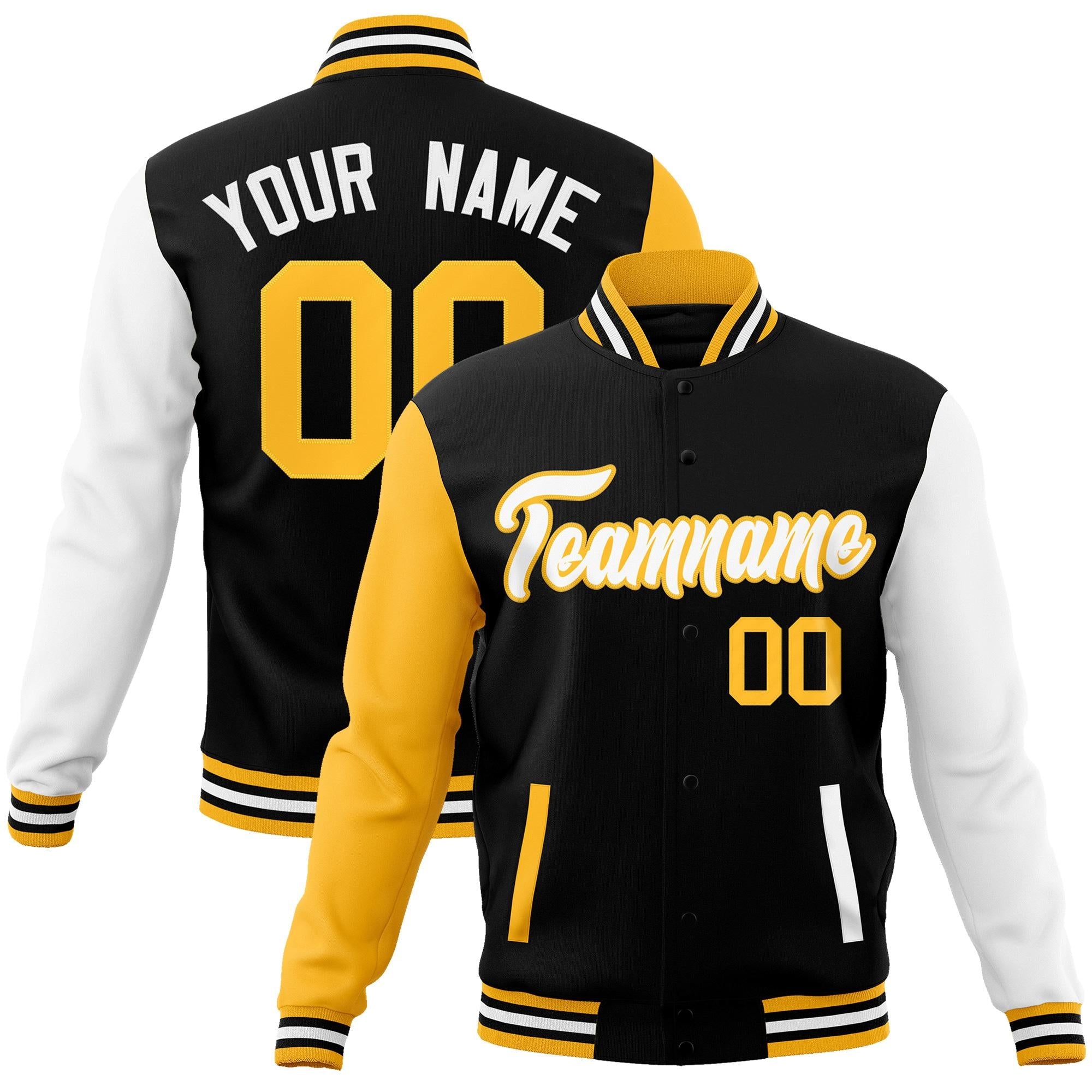 Custom Black White-Yellow Raglan Sleeves Varsity Full-Snap Letterman Jacket