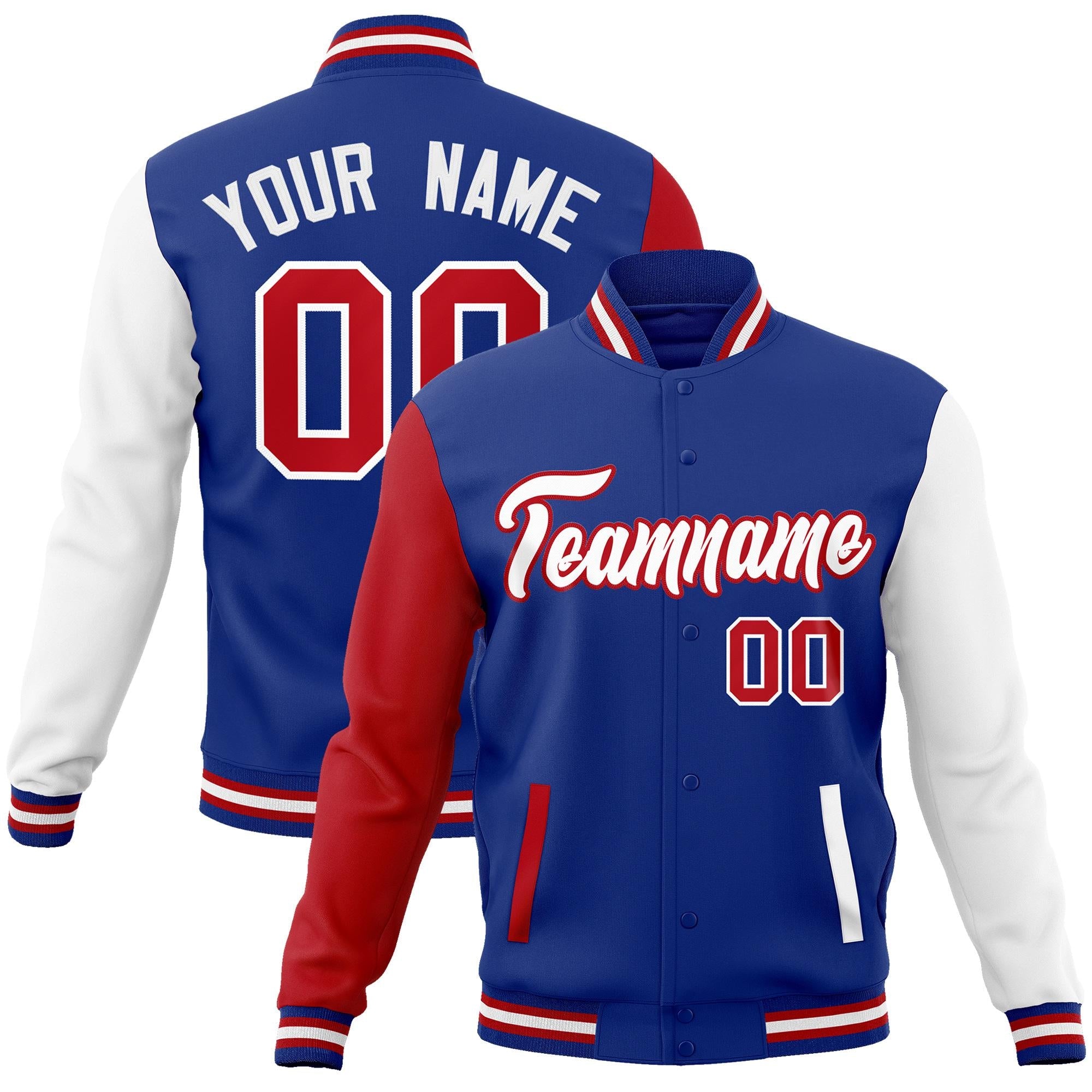 Custom Royal White-Red Raglan Sleeves Varsity Full-Snap Letterman Jacket