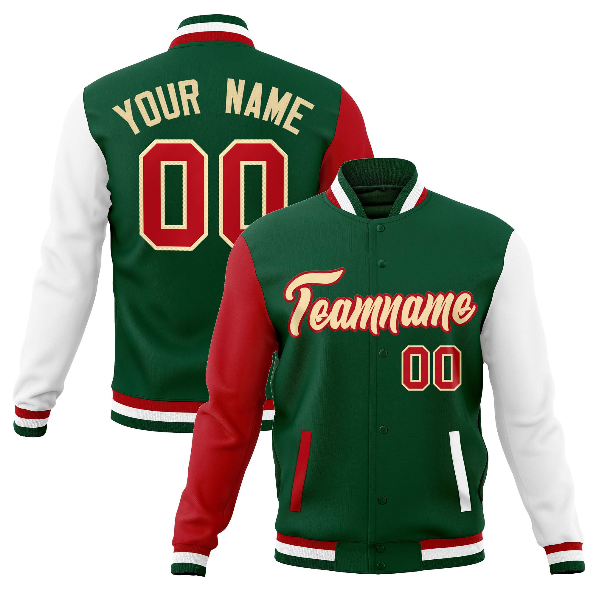 Custom Green Khaki-Red Raglan Sleeves Varsity Full-Snap Letterman Jacket