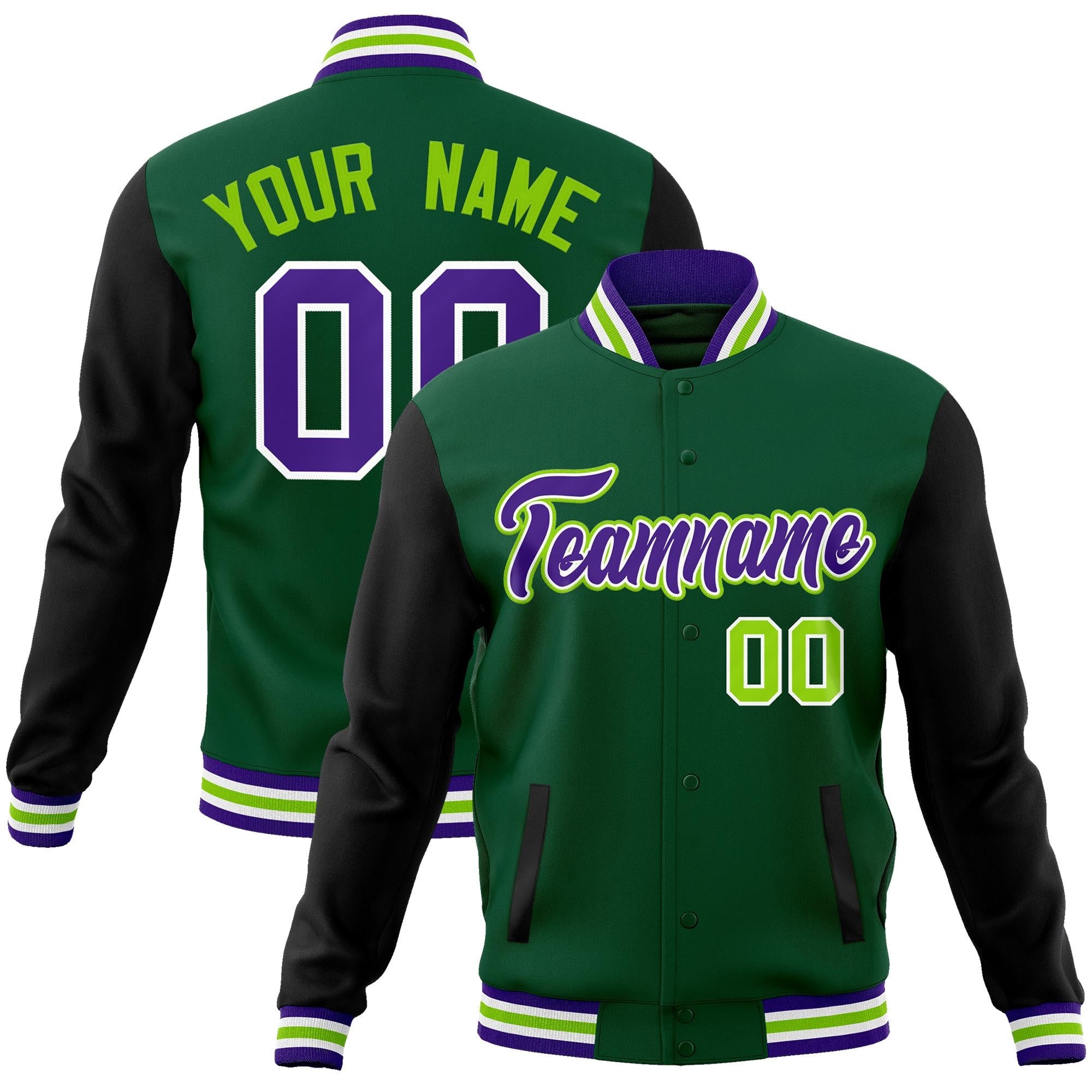 Custom Green Purple-White Raglan Sleeves Varsity Full-Snap Letterman Jacket