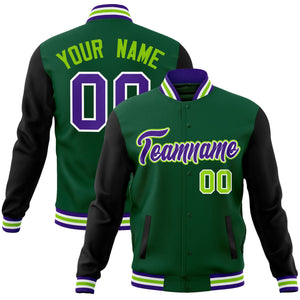 Custom Green Purple-White Raglan Sleeves Varsity Full-Snap Letterman Jacket