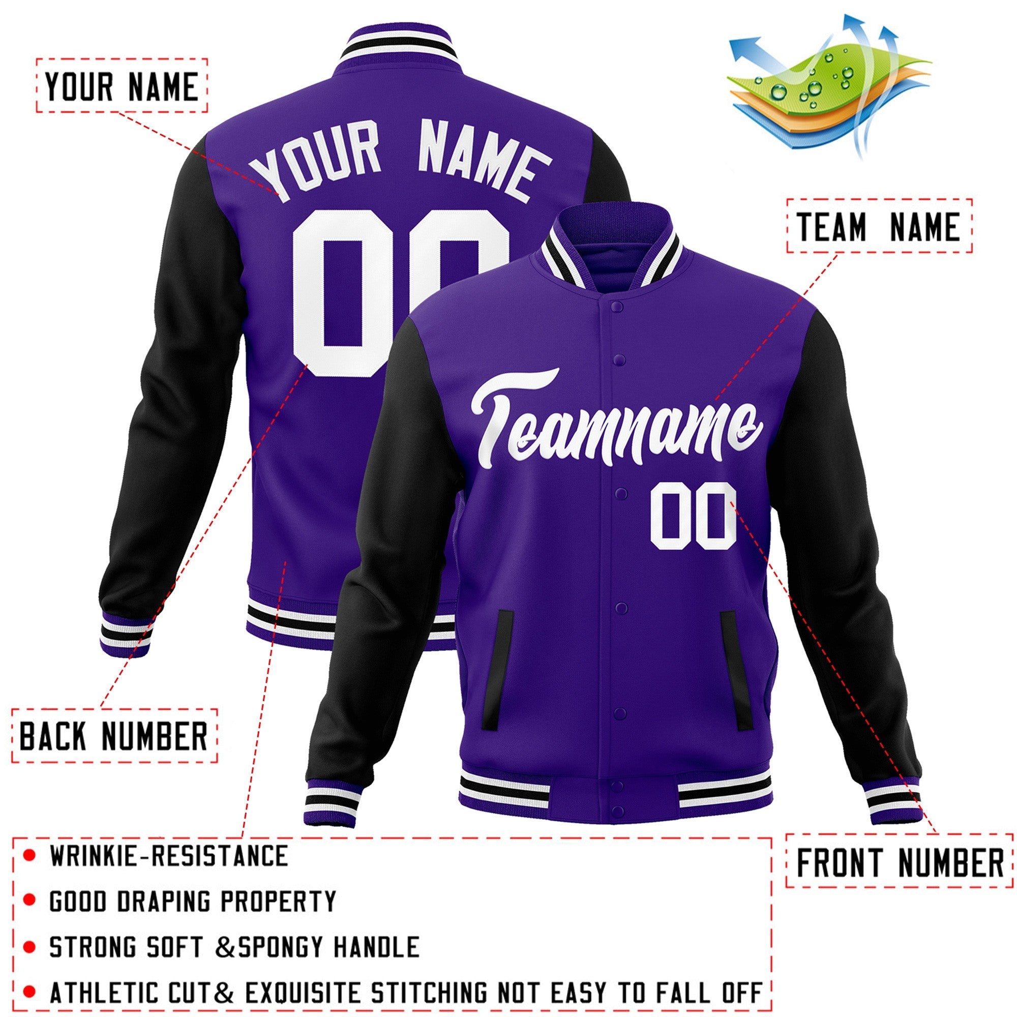 Veste Letterman Varsity Full-Snap à manches raglan blanches et violettes personnalisées