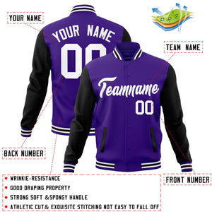 Custom Purple White Raglan Sleeves Varsity Full-Snap Letterman Jacket