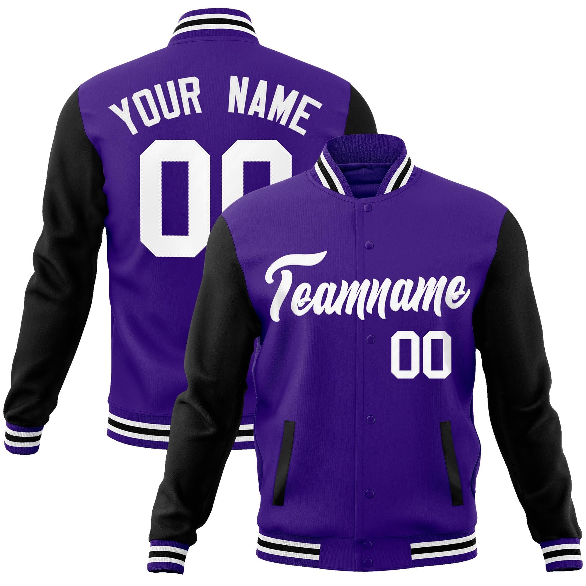 Custom Purple White Raglan Sleeves Varsity Full-Snap Letterman Jacket