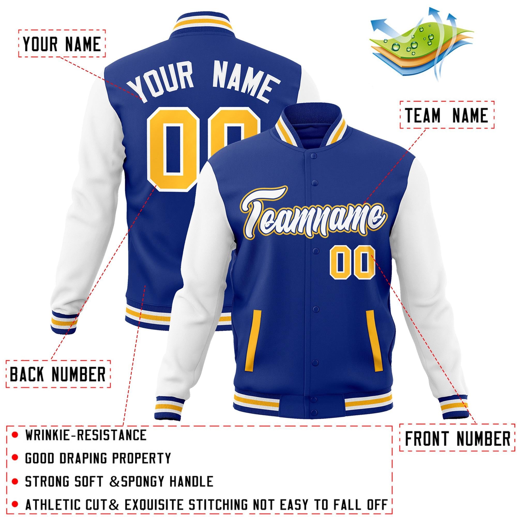 Custom Royal White-Royal Raglan Sleeves Varsity Full-Snap Letterman Jacket