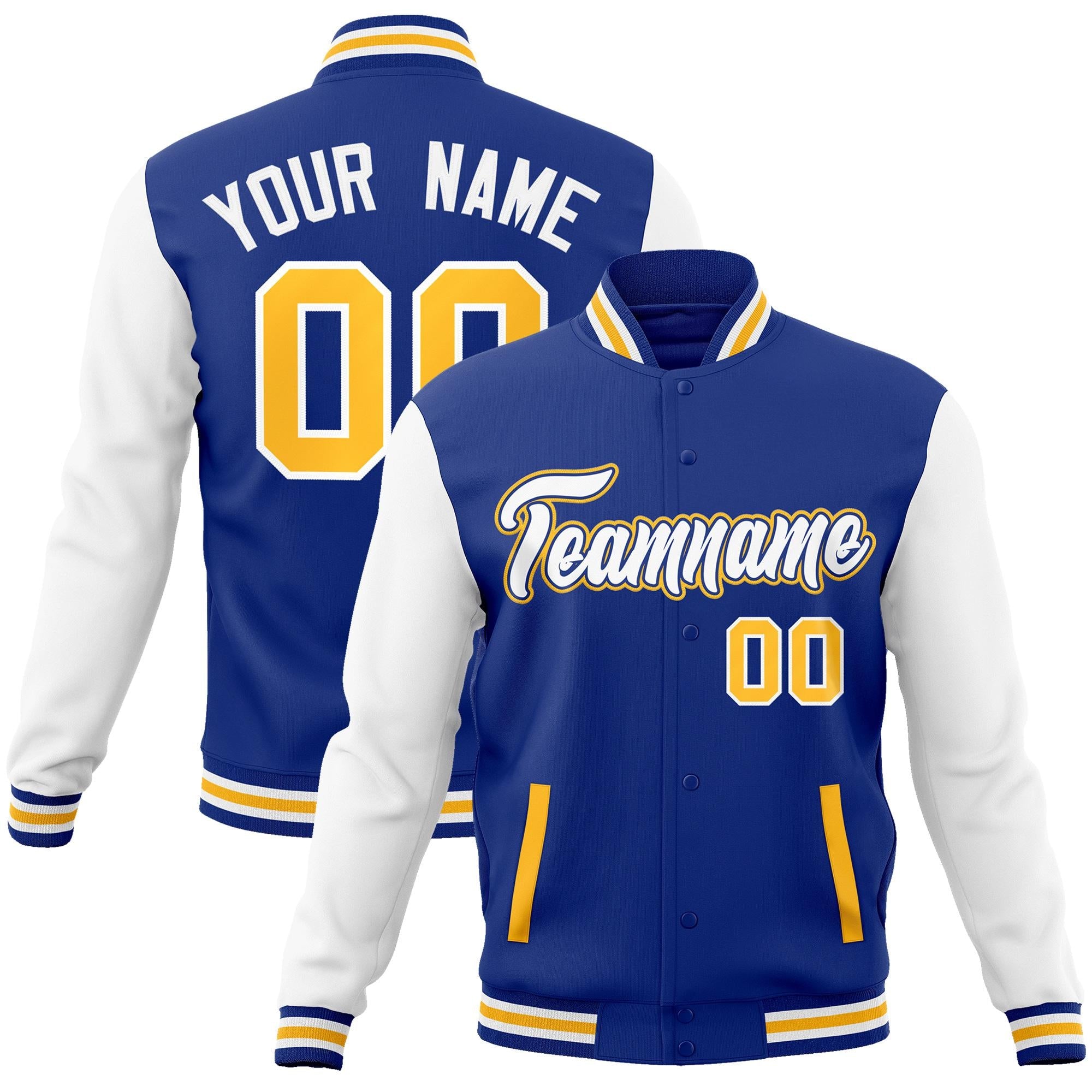 Custom Royal White-Royal Raglan Sleeves Varsity Full-Snap Letterman Jacket