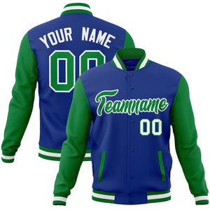 Custom Royal Green-White Raglan Sleeves Varsity Full-Snap Letterman Jacket