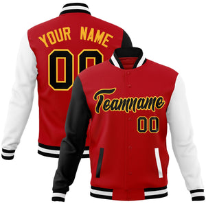 Veste Letterman Varsity Full-Snap à manches raglan rouge noir-blanc personnalisée