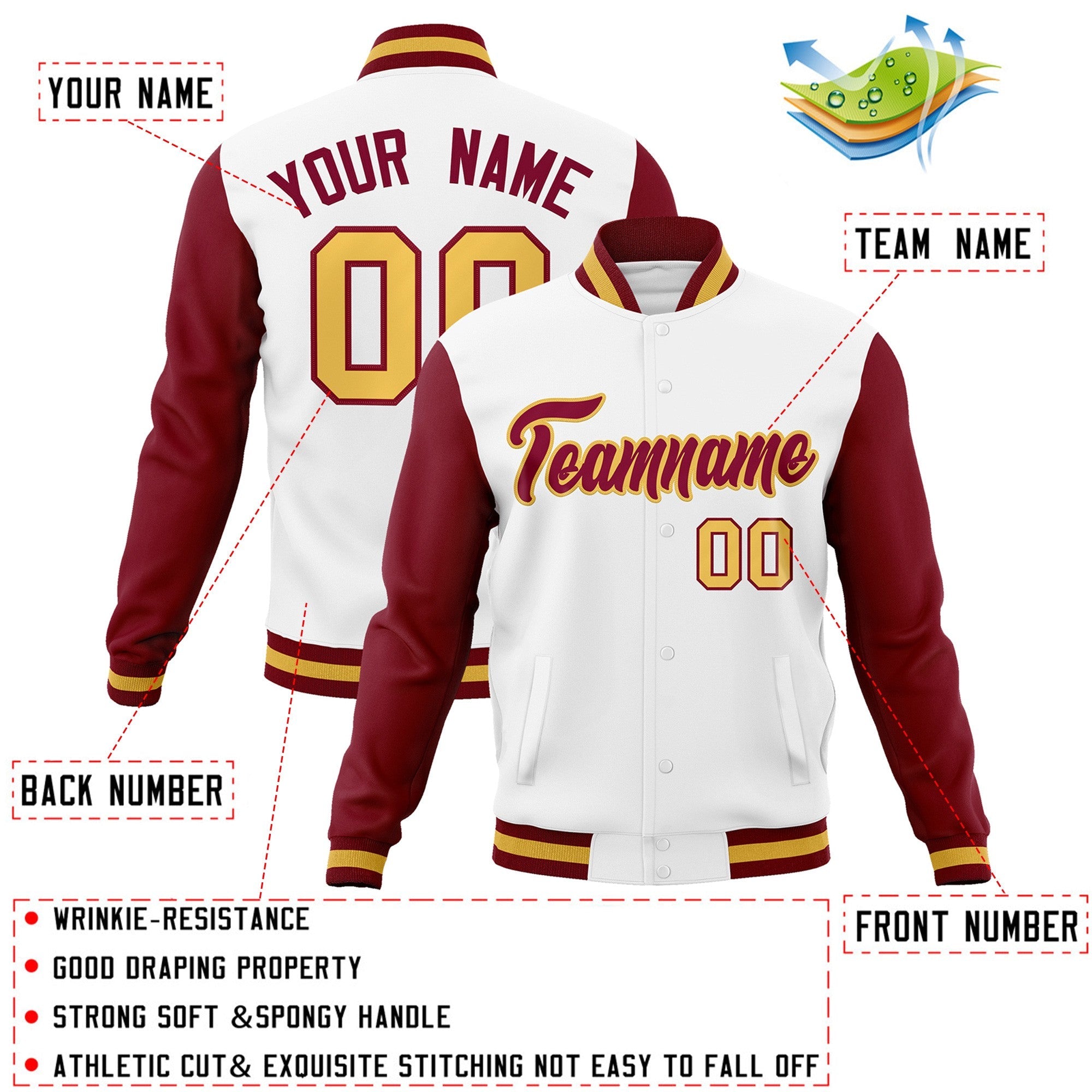 Veste Letterman Varsity Full-Snap à manches raglan blanc cramoisi-kaki personnalisée