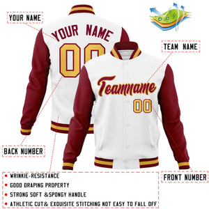 Custom White Crimson-Khaki Raglan Sleeves Varsity Full-Snap Letterman Jacket