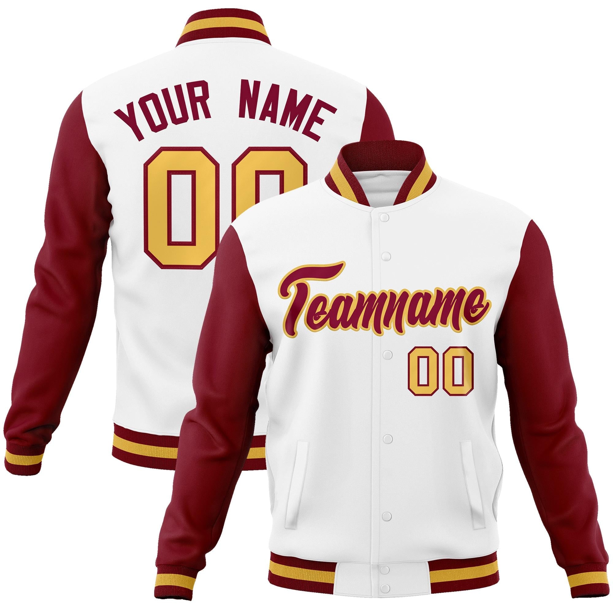 Custom White Crimson-Khaki Raglan Sleeves Varsity Full-Snap Letterman Jacket