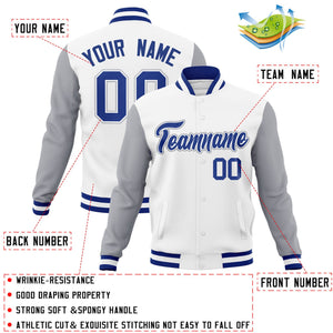 Custom White Royal-White Raglan Sleeves Varsity Full-Snap Letterman Jacket