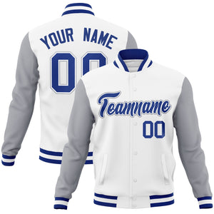 Custom White Royal-White Raglan Sleeves Varsity Full-Snap Letterman Jacket