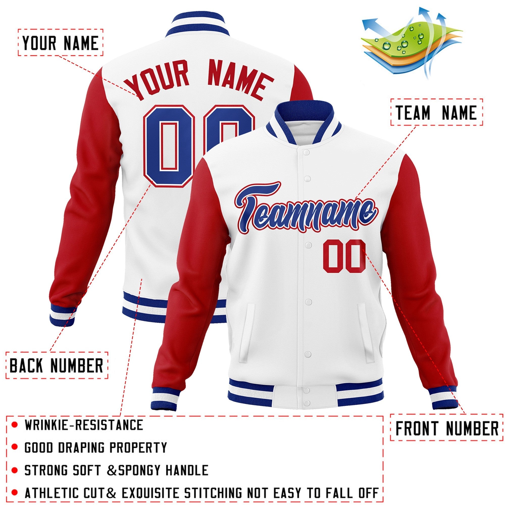 Custom White Royal-White Raglan Sleeves Varsity Full-Snap Letterman Jacket