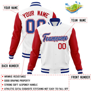 Veste Letterman Varsity Full-Snap à manches raglan blanc royal-blanc personnalisée