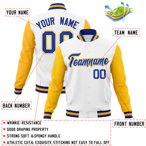 Custom White Royal-White Raglan Sleeves Varsity Full-Snap Letterman Jacket