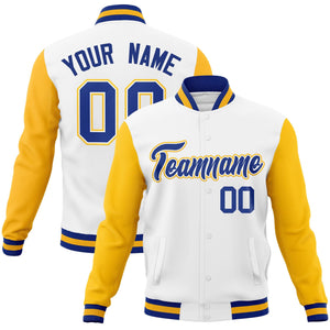 Custom White Royal-White Raglan Sleeves Varsity Full-Snap Letterman Jacket