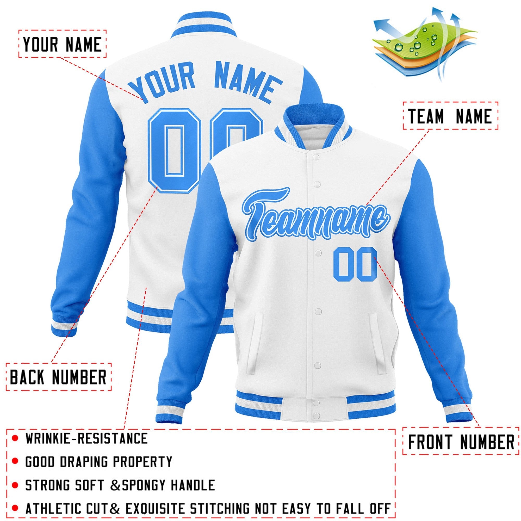 Custom White Powder Blue-White Raglan Sleeves Varsity Full-Snap Letterman Jacket