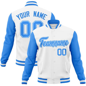 Custom White Powder Blue-White Raglan Sleeves Varsity Full-Snap Letterman Jacket