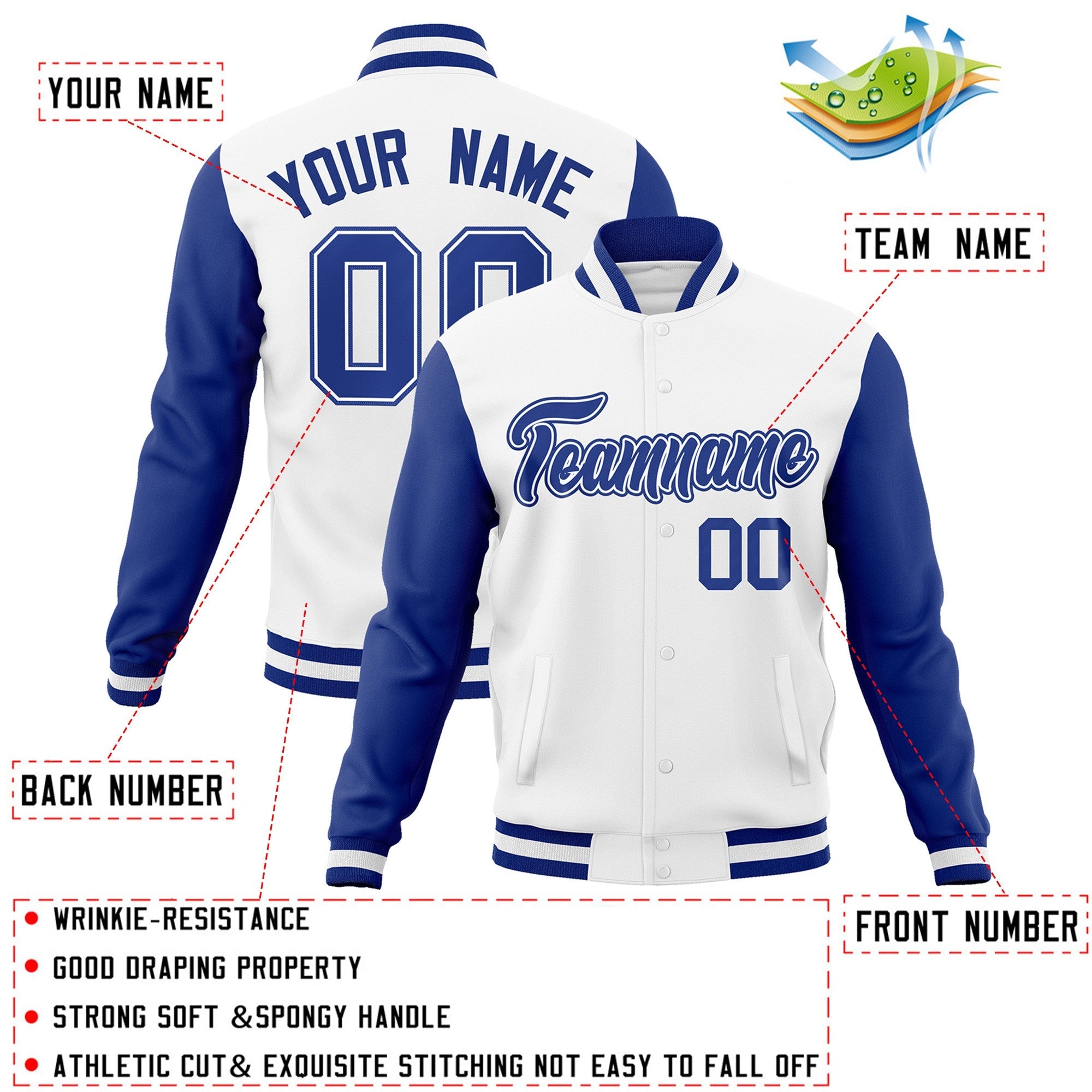 Veste Letterman Varsity Full-Snap à manches raglan blanc royal-blanc personnalisée