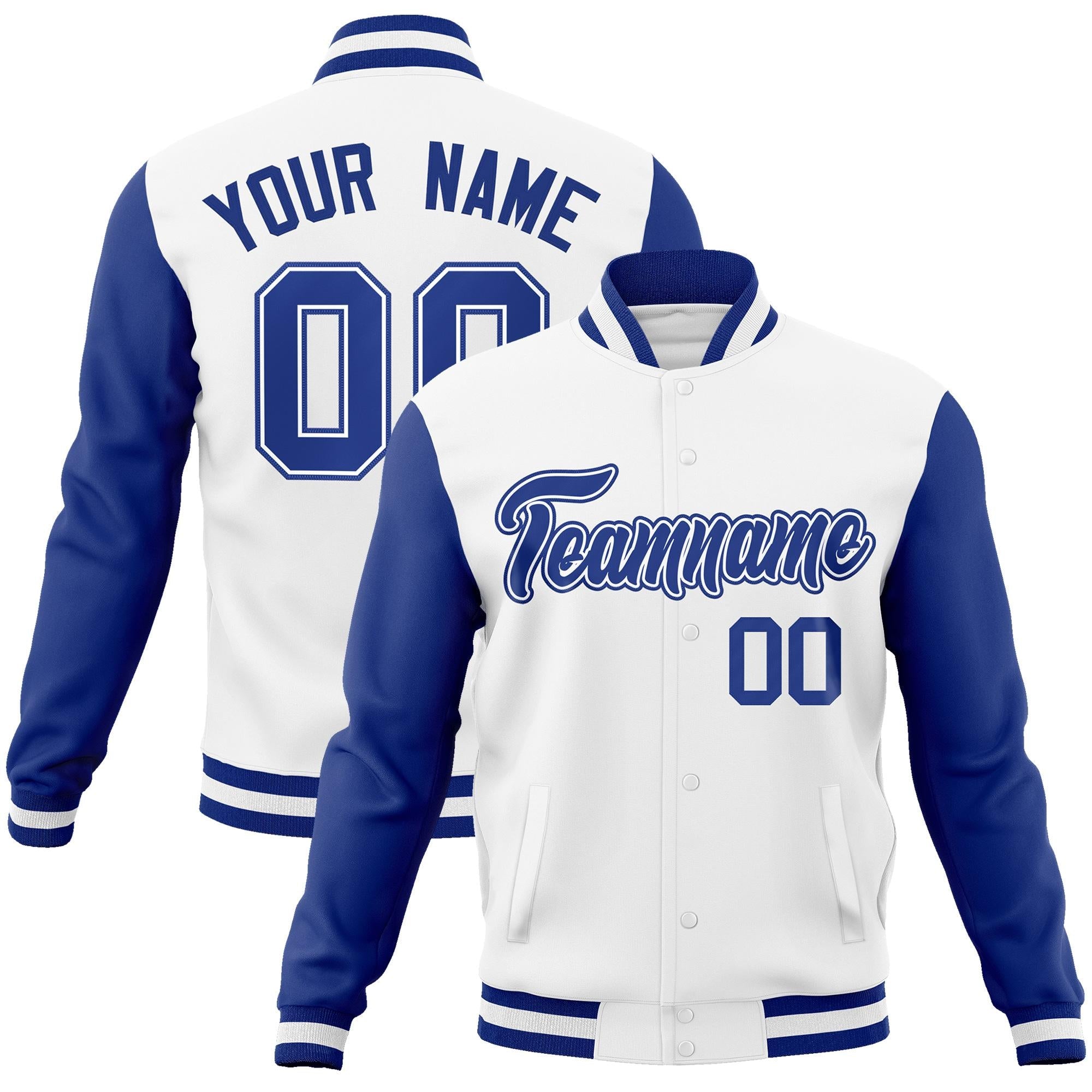 Custom White Royal-White Raglan Sleeves Varsity Full-Snap Letterman Jacket