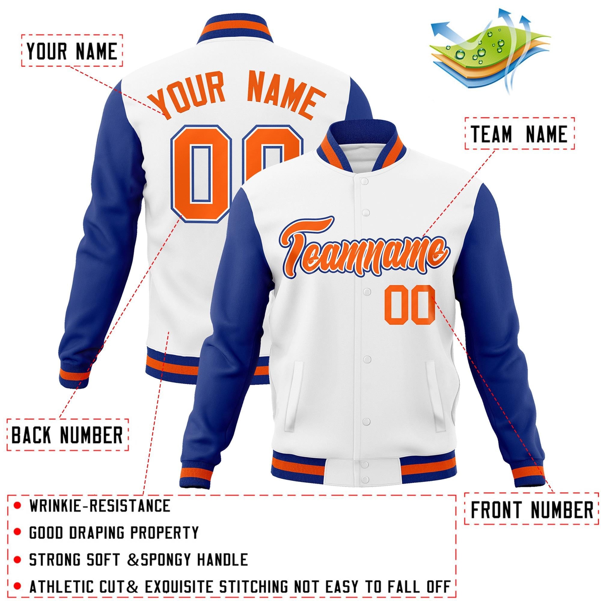 Custom White Orange-White Raglan Sleeves Varsity Full-Snap Letterman Jacket