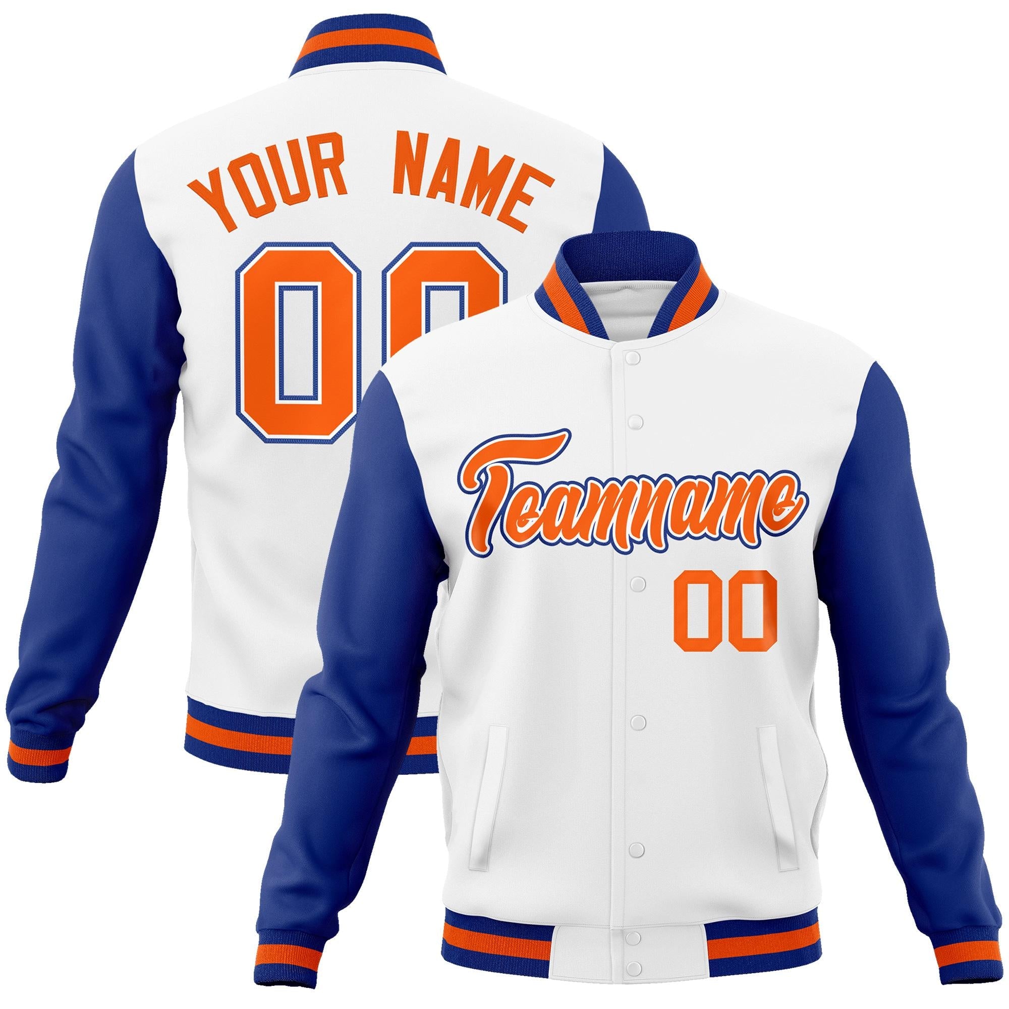 Custom White Orange-White Raglan Sleeves Varsity Full-Snap Letterman Jacket