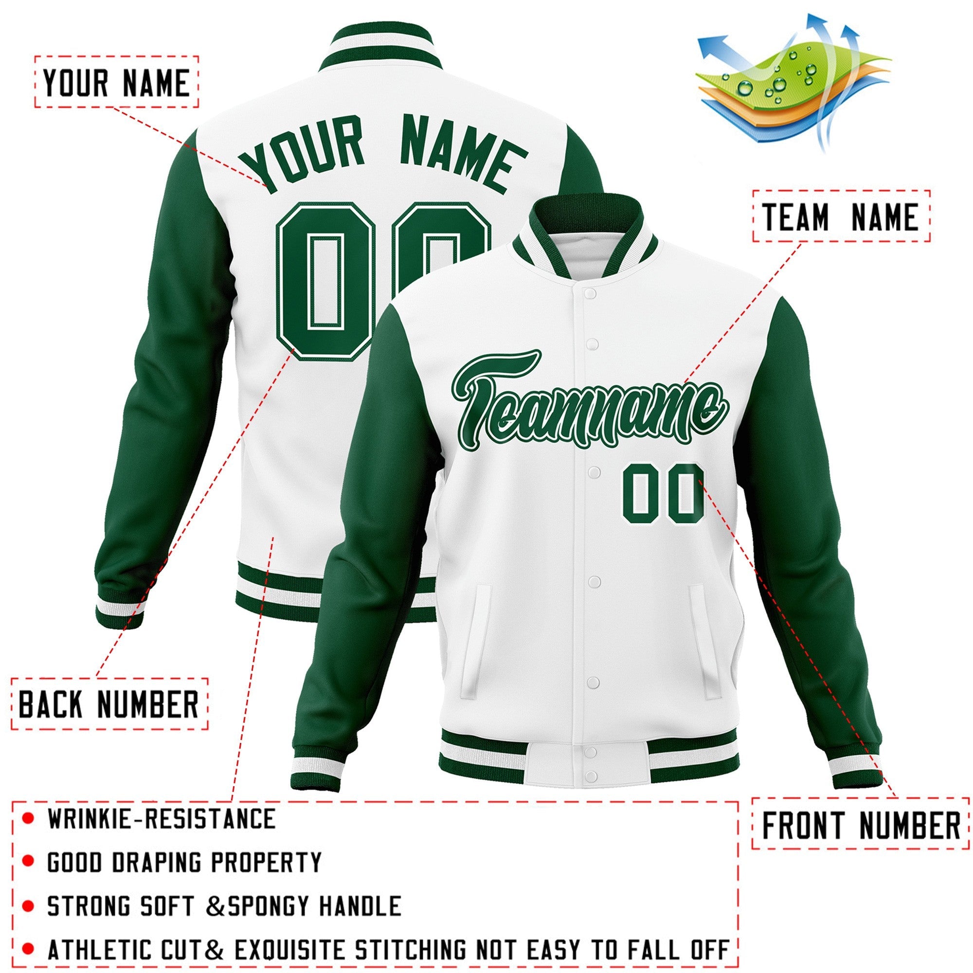 Veste Letterman Varsity Full-Snap personnalisée à manches raglan blanc vert-blanc