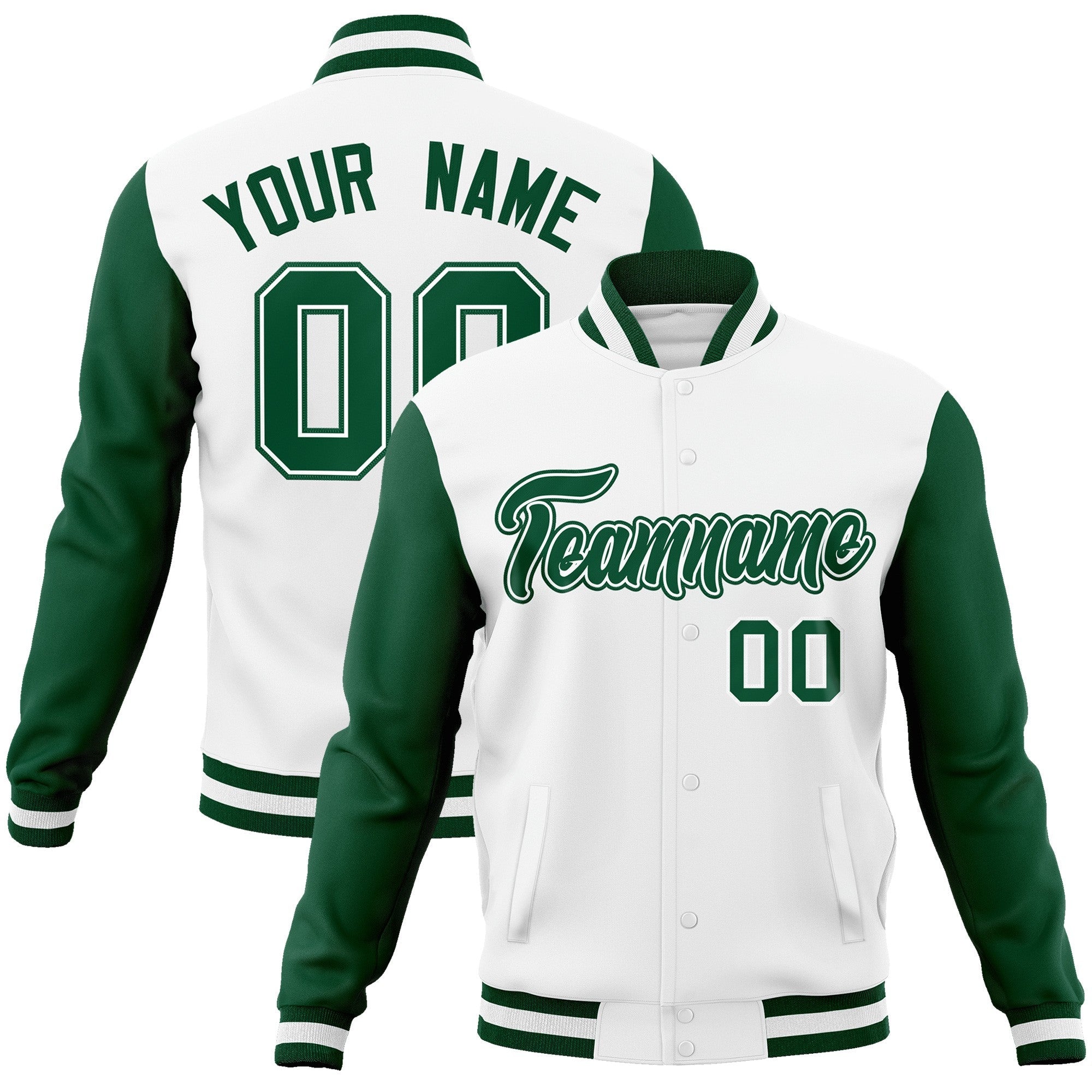 Custom White Green-White Raglan Sleeves Varsity Full-Snap Letterman Jacket