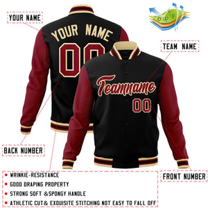 Custom Black Crimson-Khaki Raglan Sleeves Varsity Full-Snap Letterman Jacket