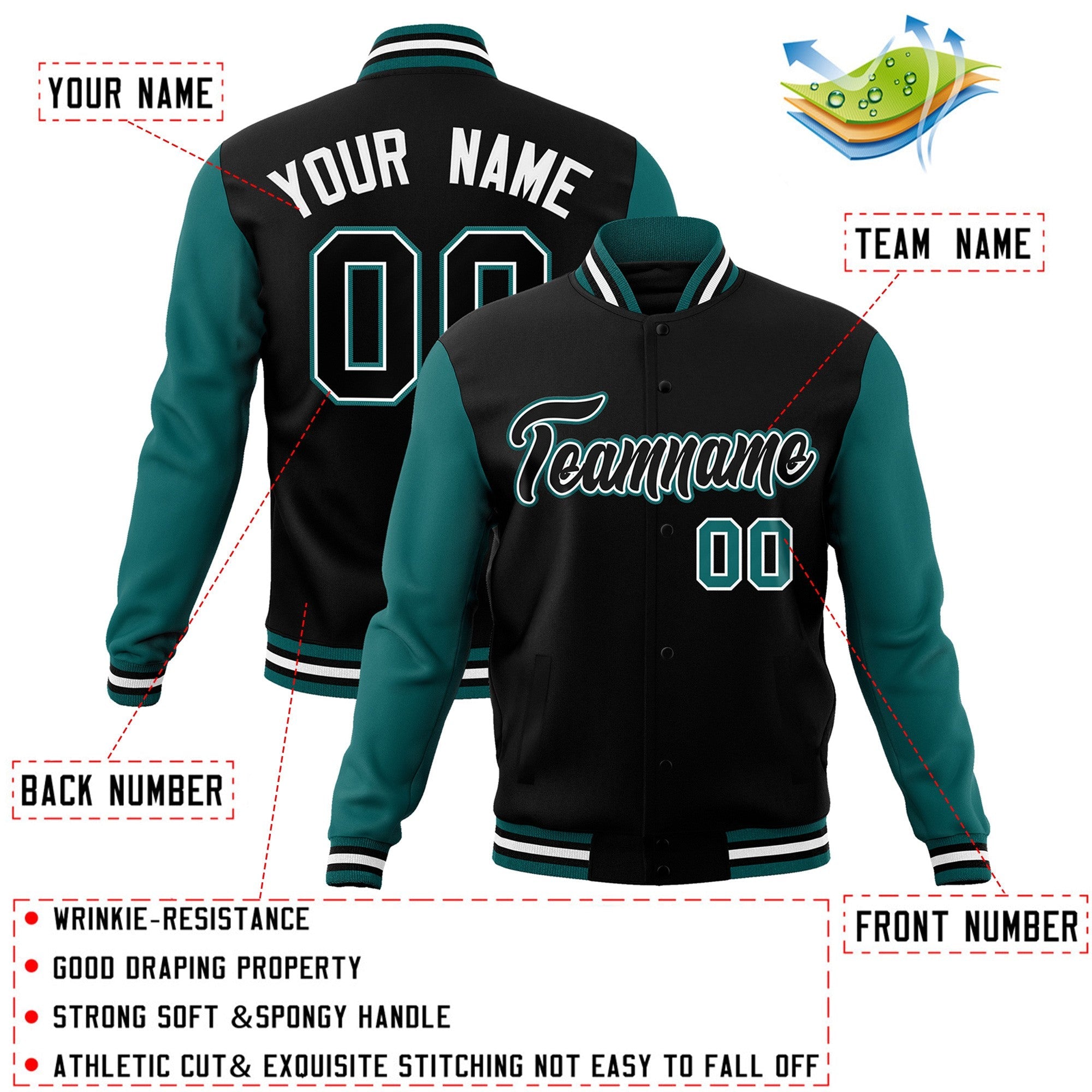 Custom Black Black-White Raglan Sleeves Varsity Full-Snap Letterman Jacket