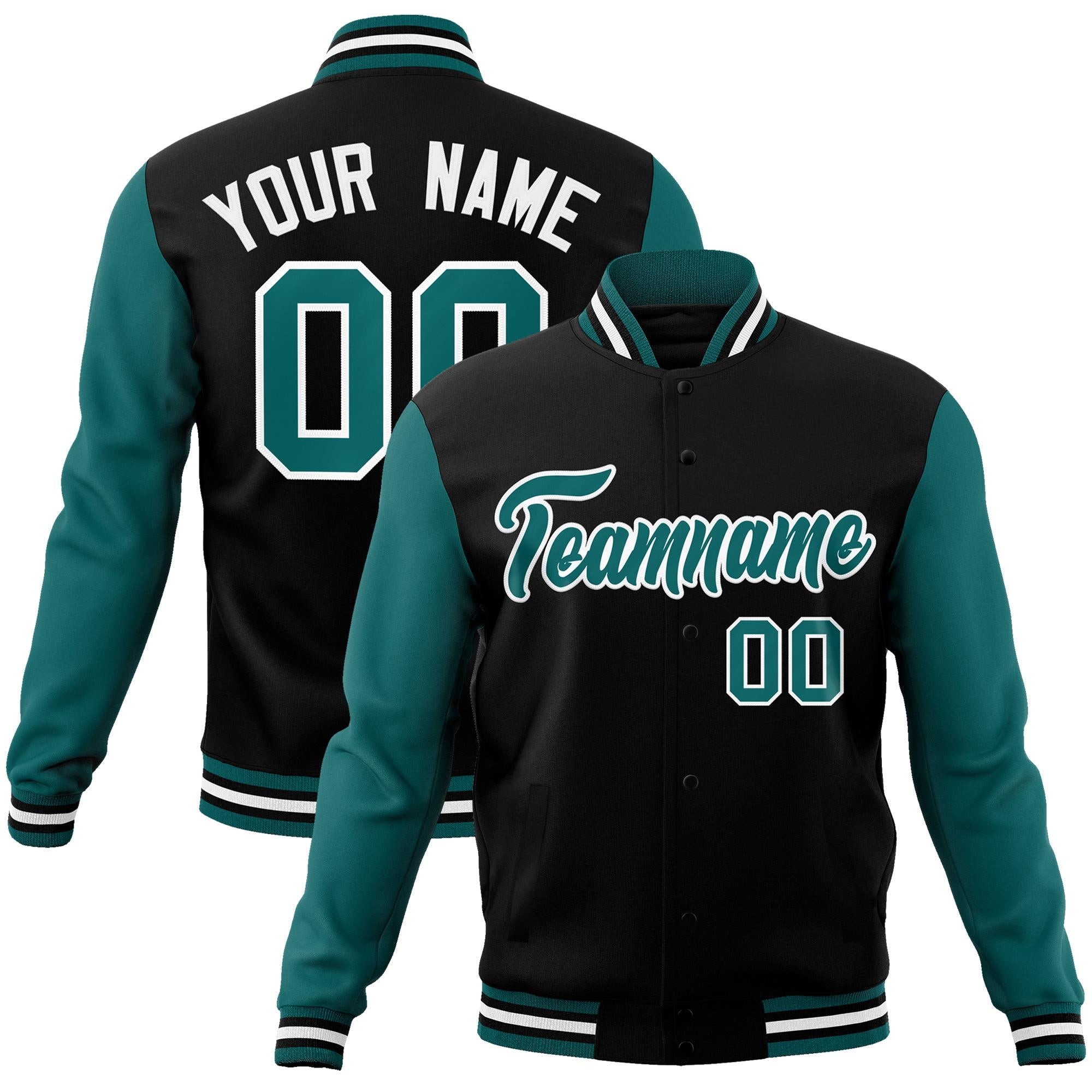 Custom Black Aqua-White Raglan Sleeves Varsity Full-Snap Letterman Jacket