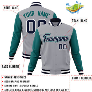 Veste Letterman Varsity Full-Snap à manches raglan gris marine-blanc personnalisée