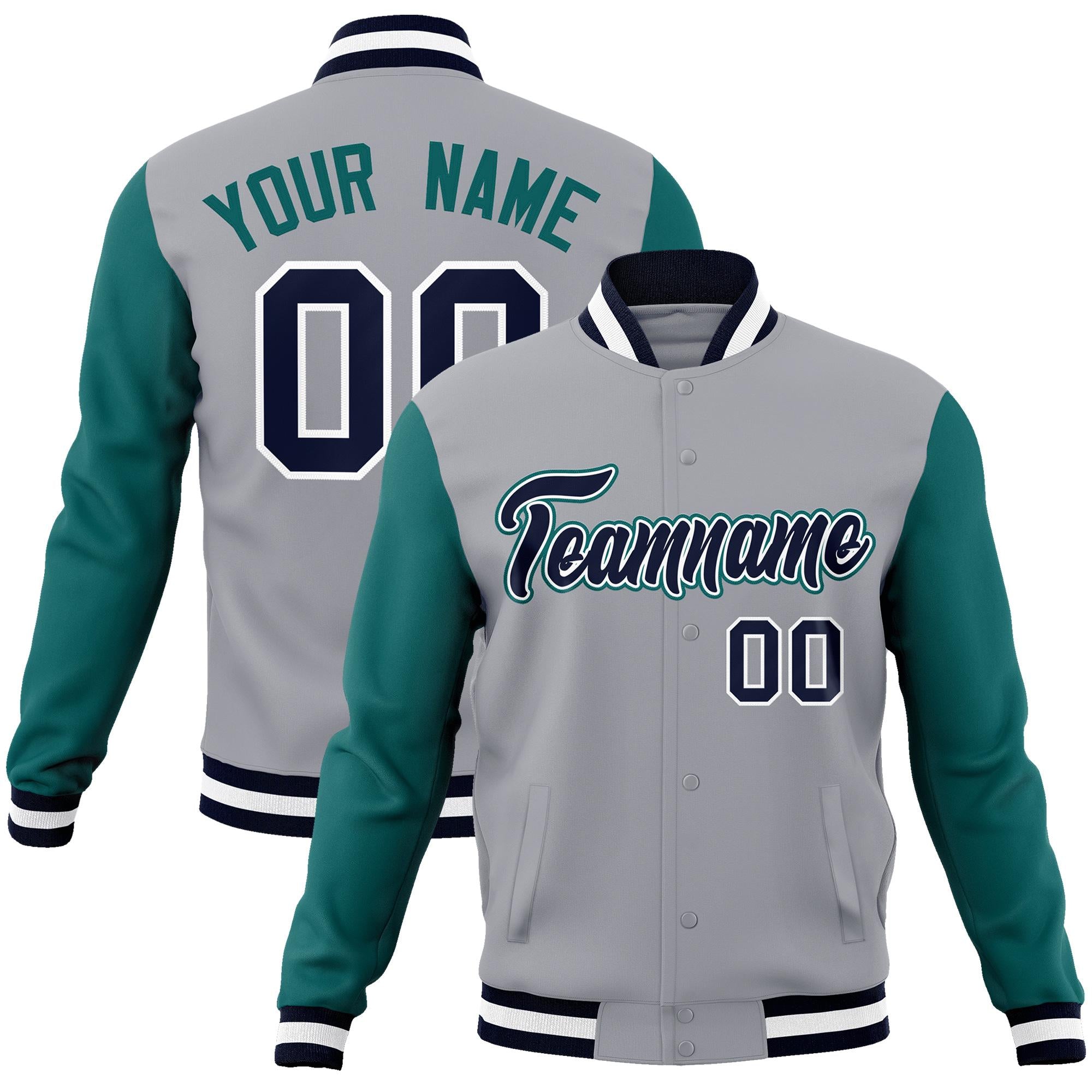 Custom Gray Navy-White Raglan Sleeves Varsity Full-Snap Letterman Jacket