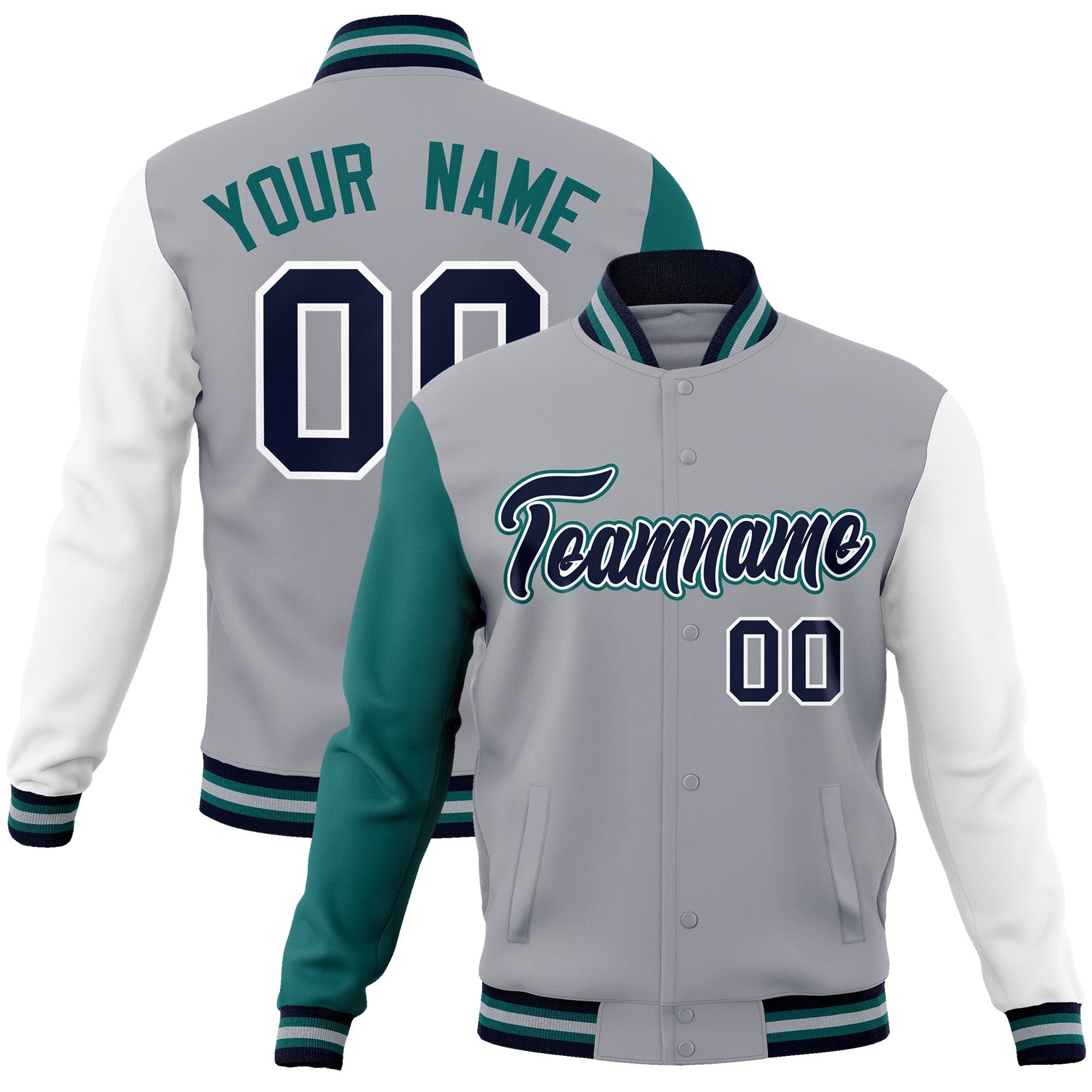 Custom Gray Navy-White Raglan Sleeves Varsity Full-Snap Letterman Jacket