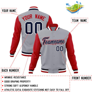 Custom Gray Navy-White Raglan Sleeves Varsity Full-Snap Letterman Jacket