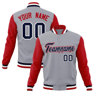 Custom Gray Navy-White Raglan Sleeves Varsity Full-Snap Letterman Jacket