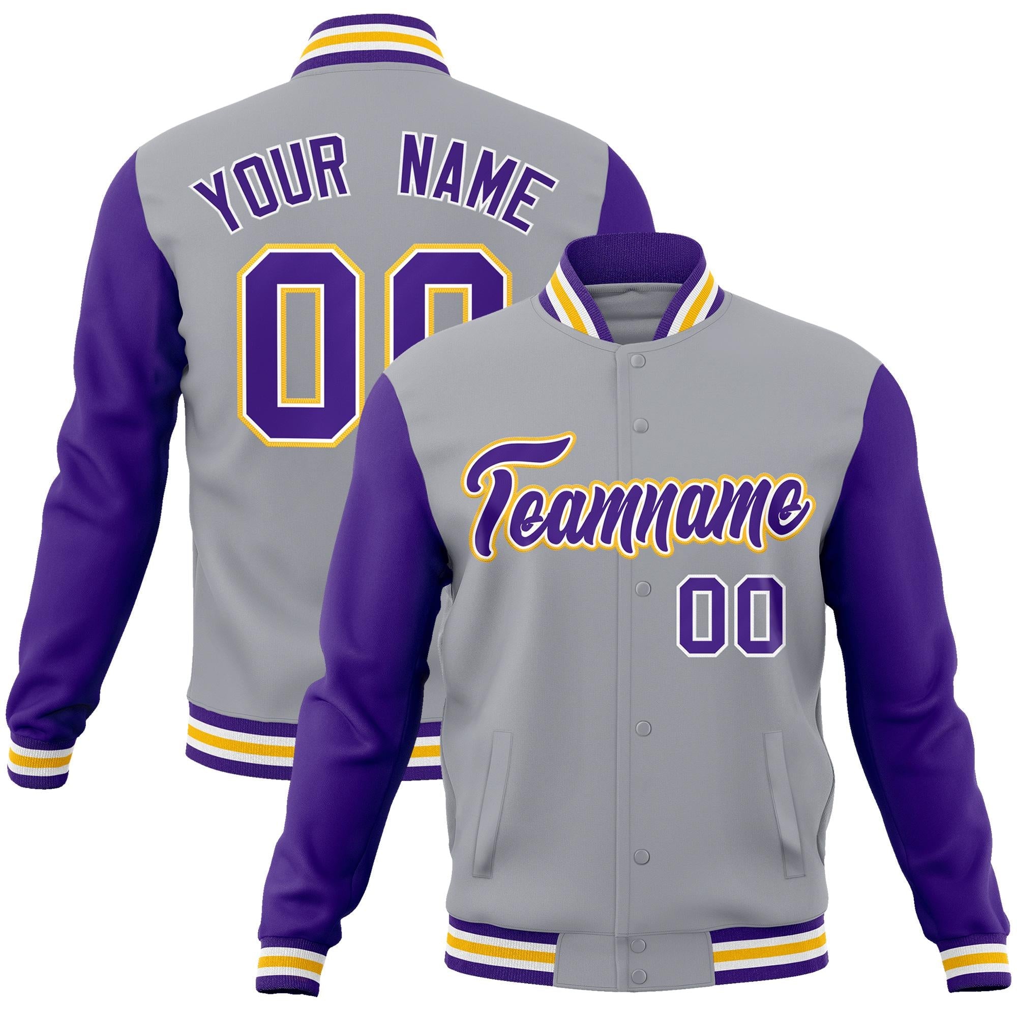 Custom Gray Purple-White Raglan Sleeves Varsity Full-Snap Letterman Jacket