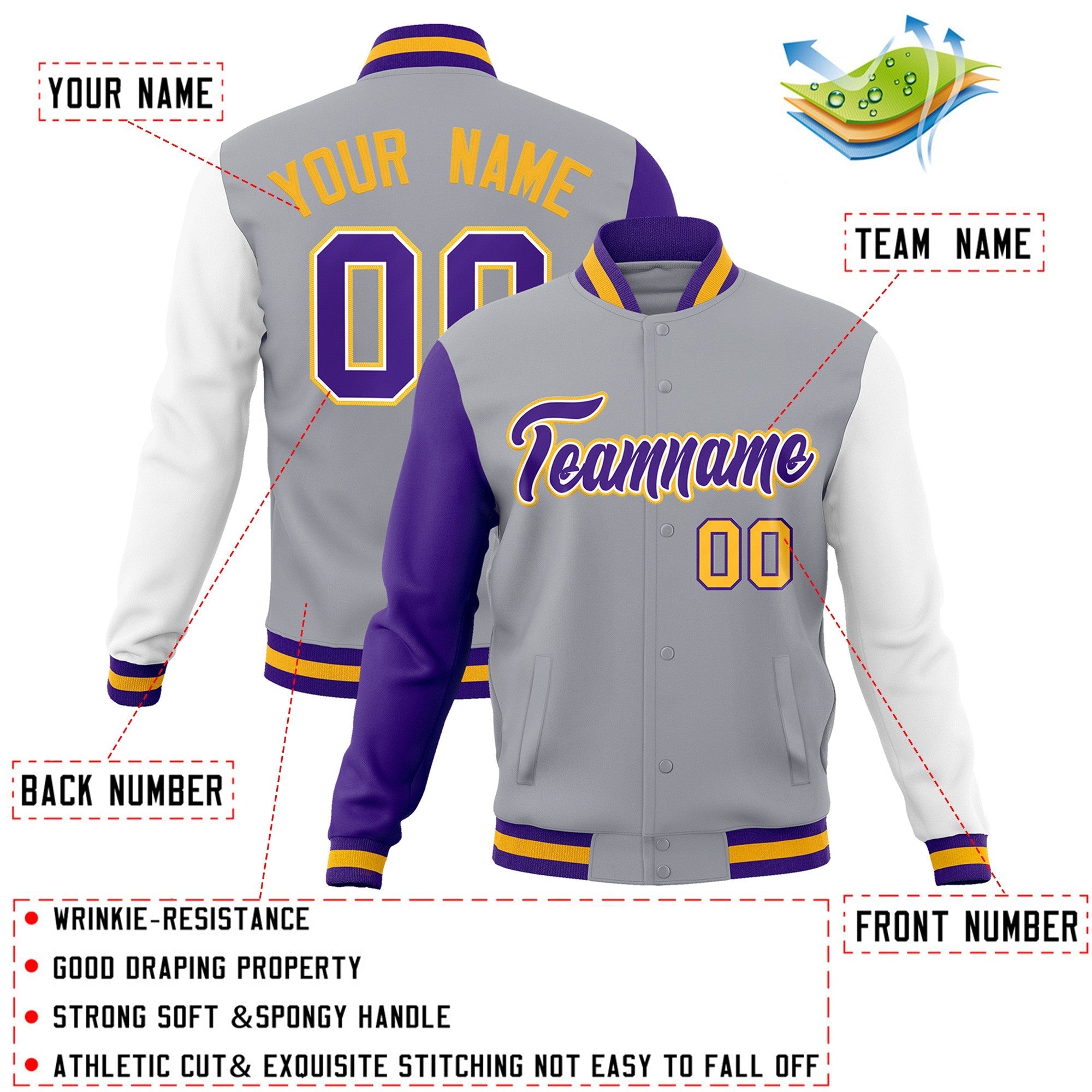 Veste Letterman Varsity Full-Snap à manches raglan gris violet-blanc personnalisée