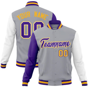 Custom Gray Purple-White Raglan Sleeves Varsity Full-Snap Letterman Jacket