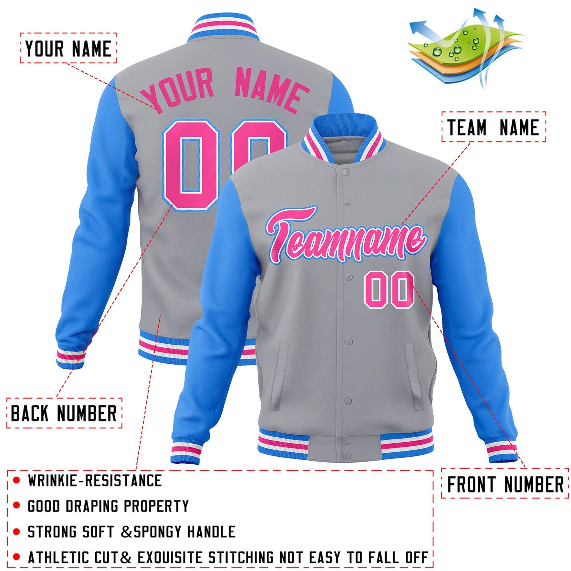 Custom Gray Pink-White Raglan Sleeves Varsity Full-Snap Letterman Jacket