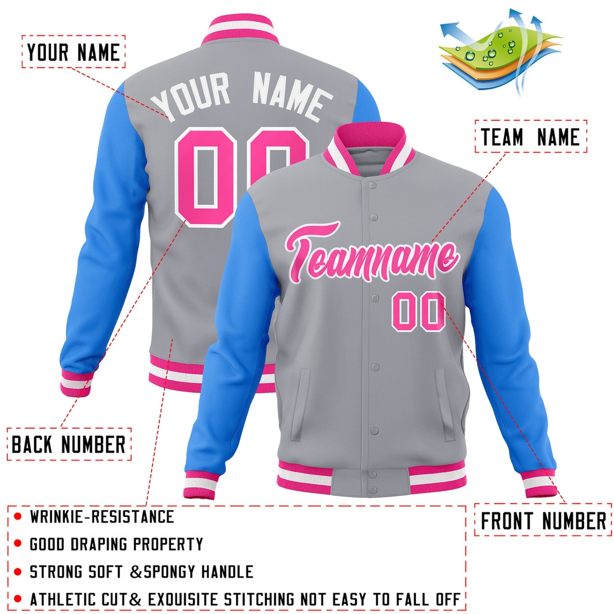 Veste Letterman Varsity Full-Snap à manches raglan gris rose-blanc personnalisée