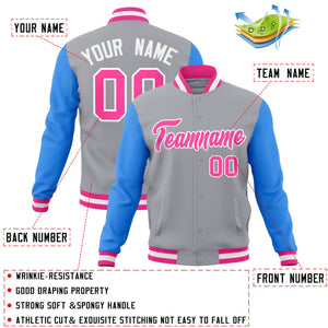 Veste Letterman Varsity Full-Snap à manches raglan gris rose-blanc personnalisée