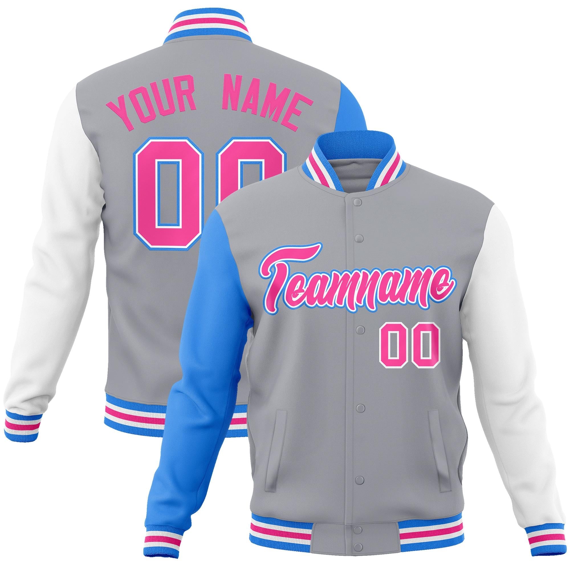 Custom Gray Pink-White Raglan Sleeves Varsity Full-Snap Letterman Jacket