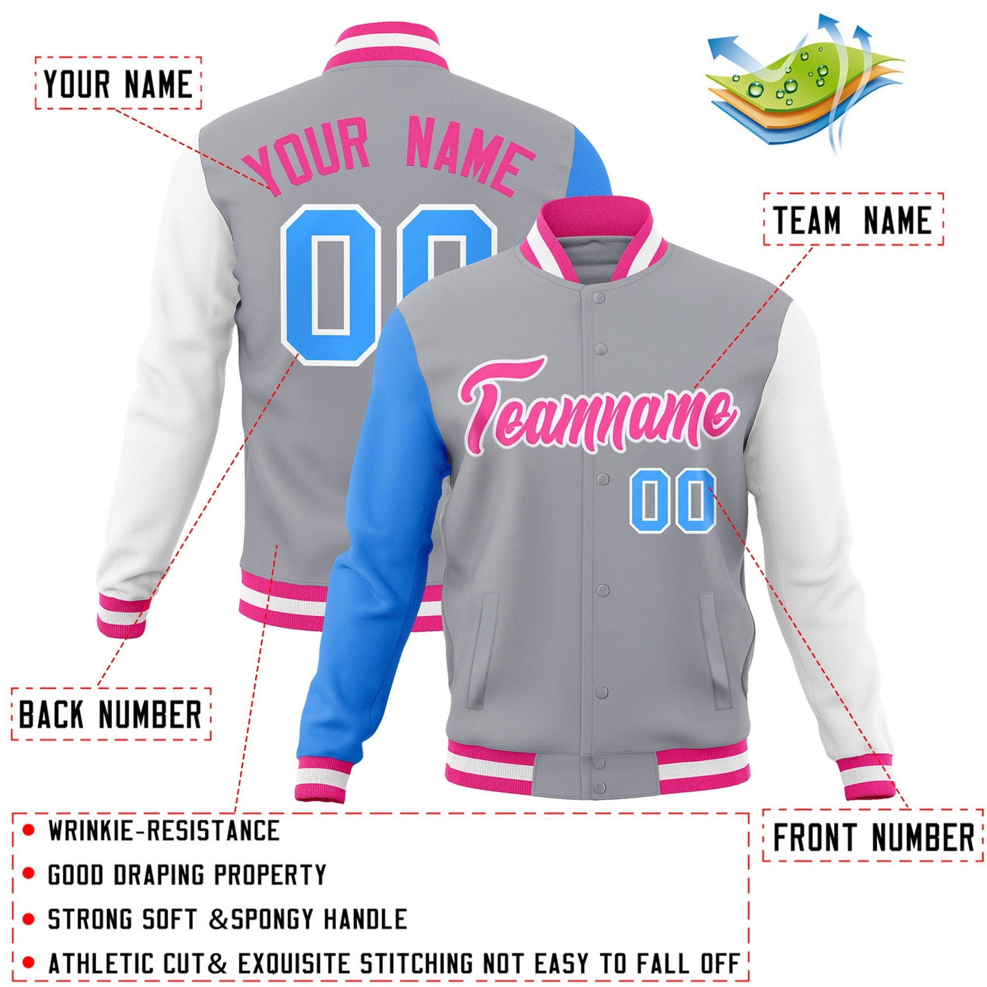 Veste Letterman Varsity Full-Snap à manches raglan gris rose-blanc personnalisée