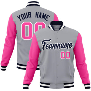 Custom Gray Navy-White Raglan Sleeves Varsity Full-Snap Letterman Jacket