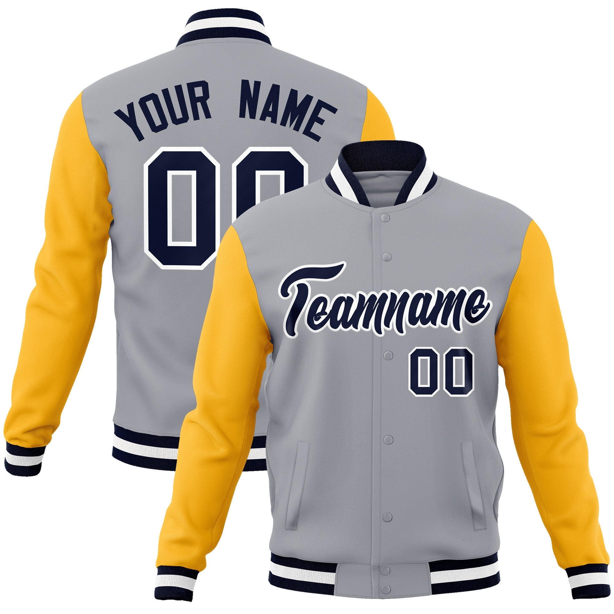 Custom Gray Navy-White Raglan Sleeves Varsity Full-Snap Letterman Jacket