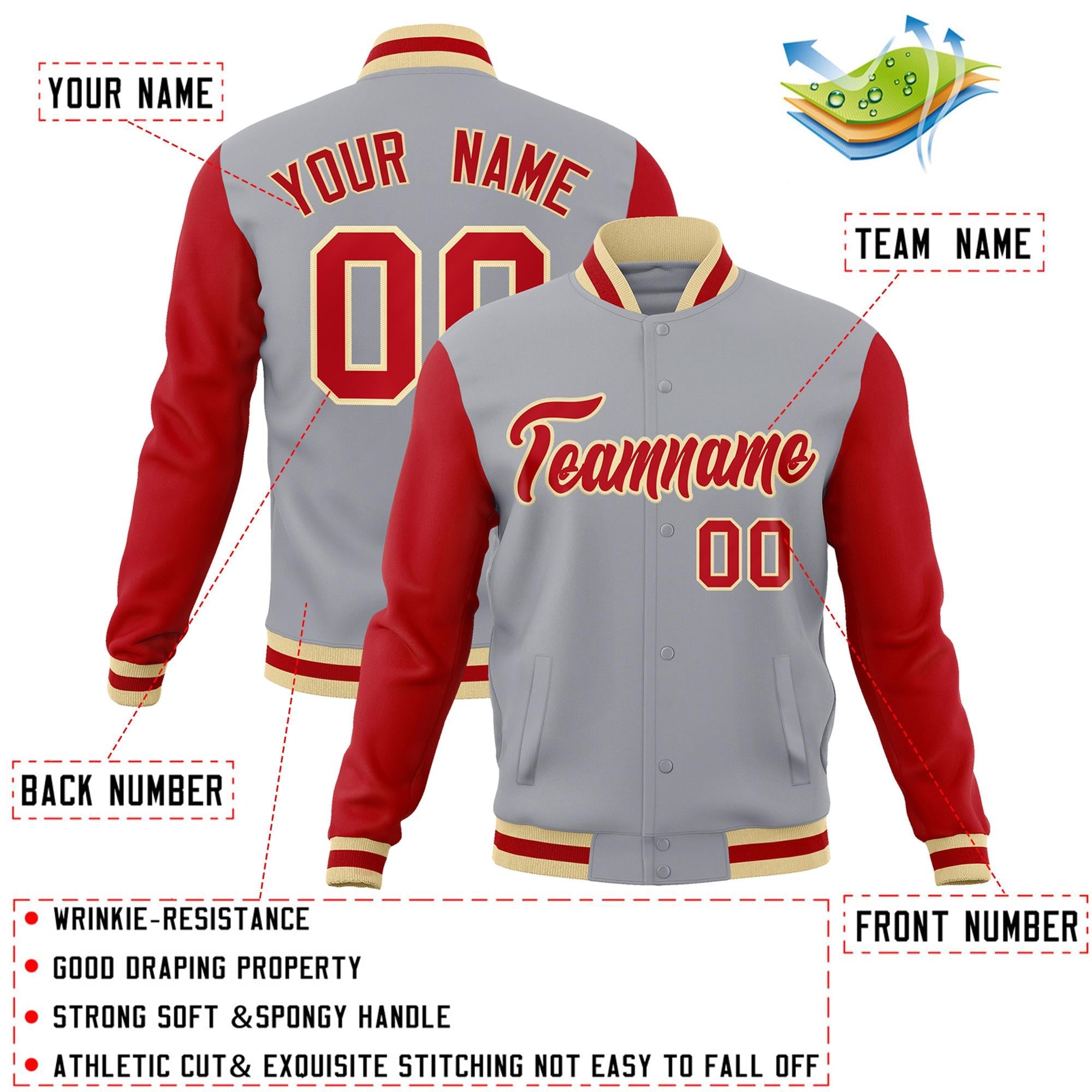 Custom Gray Red-Khaki Raglan Sleeves Varsity Full-Snap Letterman Jacket