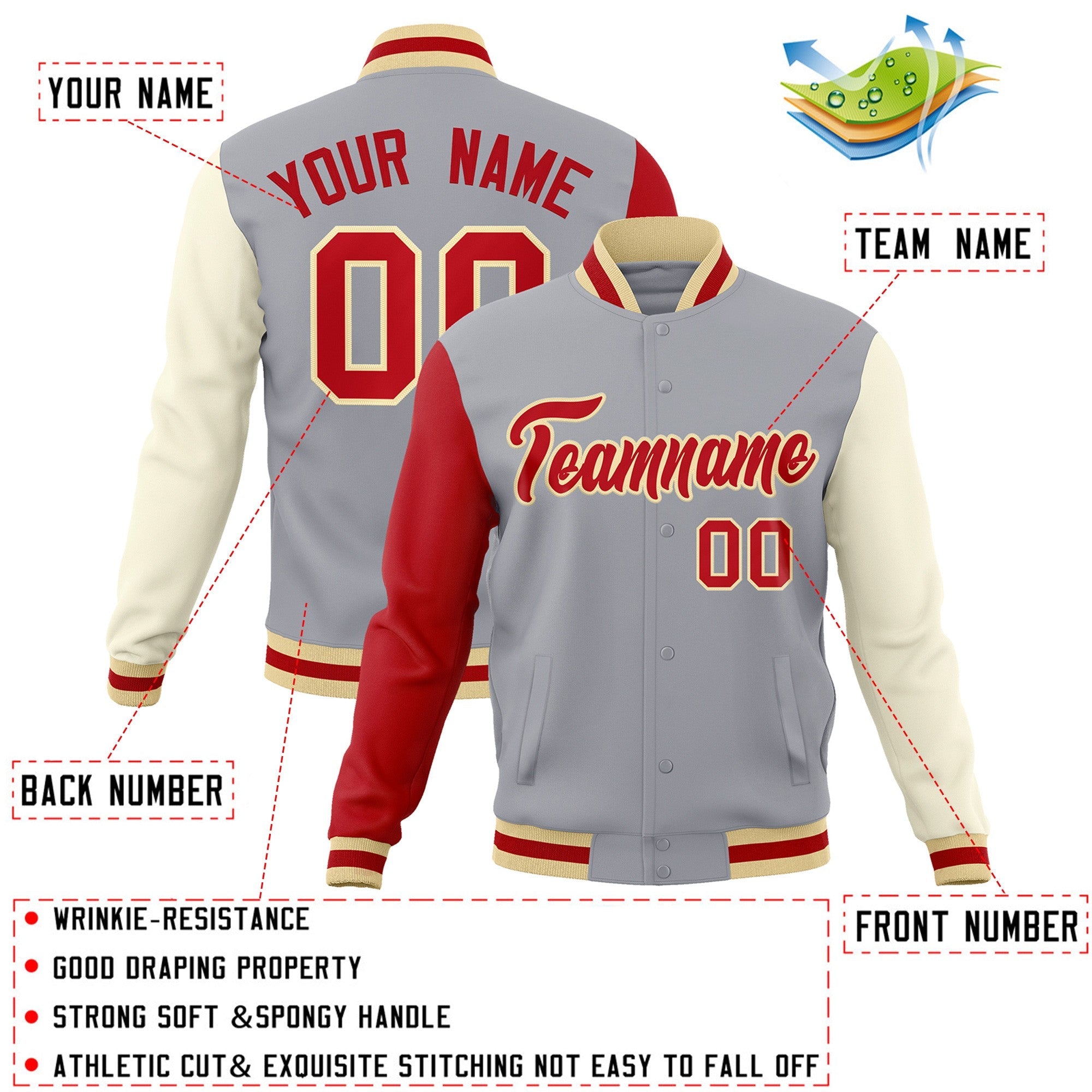 Custom Gray Red-Khaki Raglan Sleeves Varsity Full-Snap Letterman Jacket